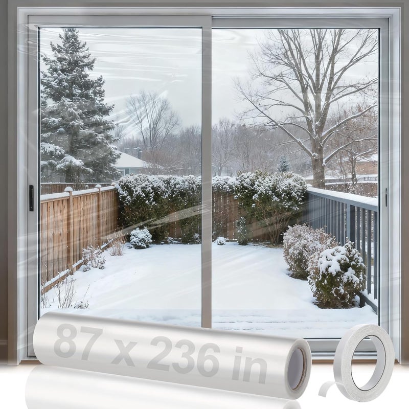 Bigmeta 87×236in Window Insulation for Winter - Fits Sliding Door French Door Clear Heat Shrink Plastic for Winterizing, Cuttable Large Window Film with Tape for Indoor Easy Installation - Image 1